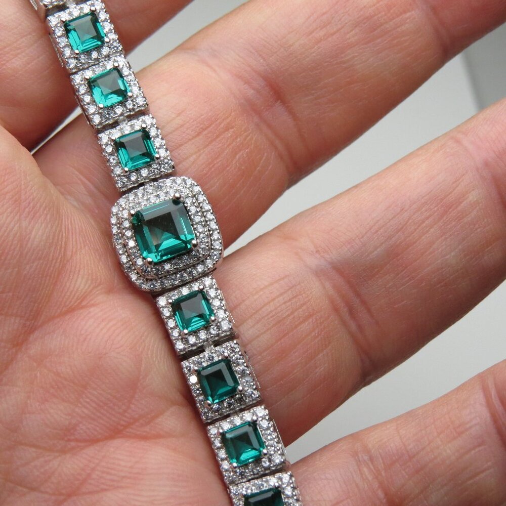*925 Sterling Silver Diamond & Emerald Bracelet